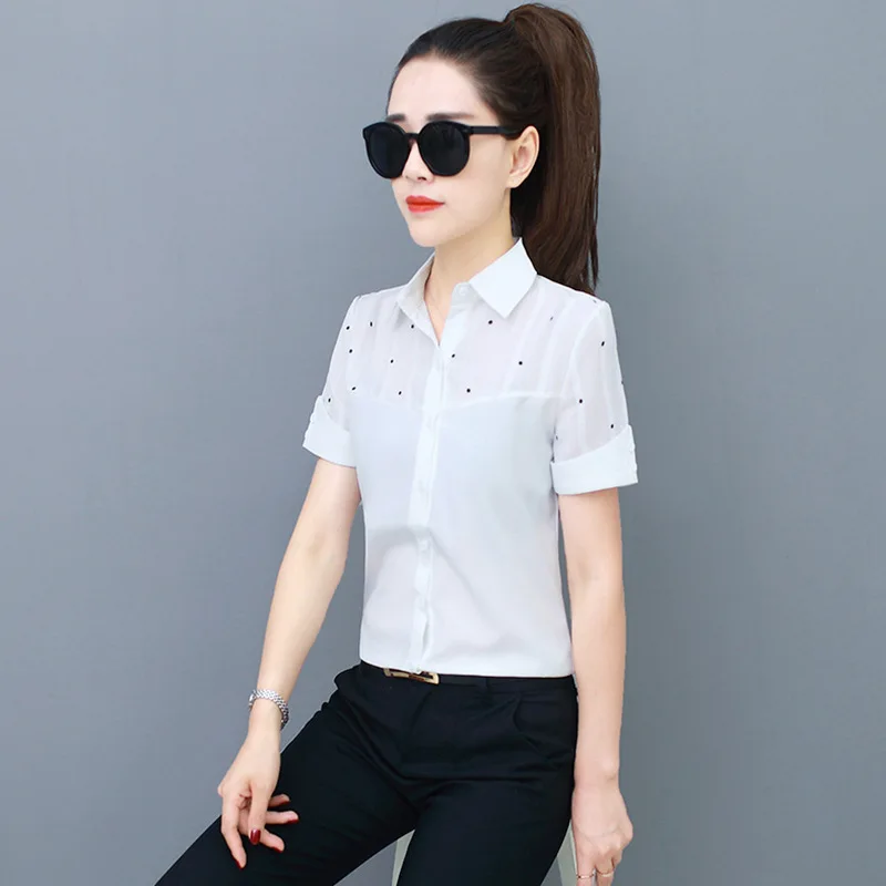 

Korean Fashion Chiffon Women Blouses Polka Dot Turn-down Collar White Women Shirts Plus Size 4XL/5XL Blusas Femininas Elegante