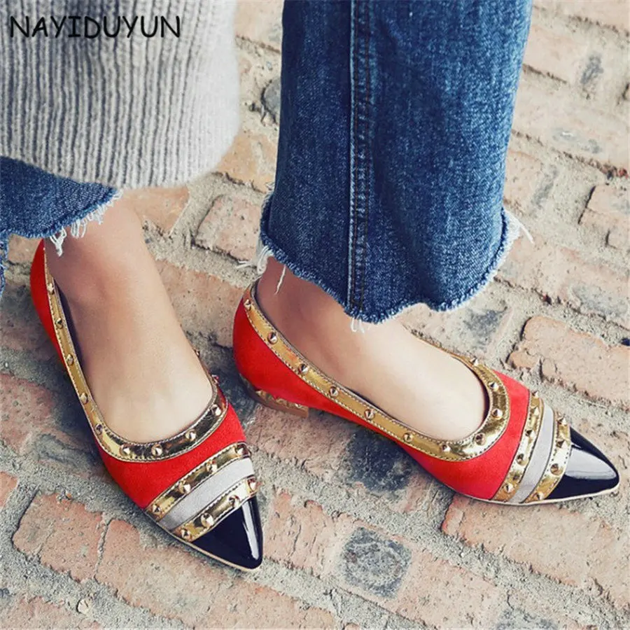

NAYIDUYUN     US5-US10.5 Womens Spike Studded Slip On Low Heel Ankle Boots Point Toe Oxfords Chic Party Shoes Hot