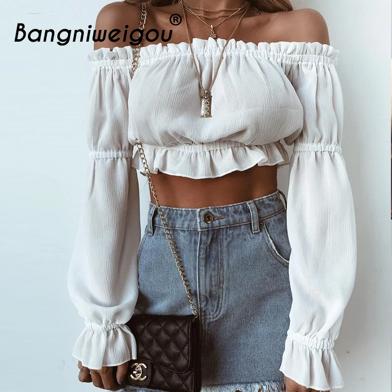 

Bangniweigou Sexy Off Shoulder Lantern Sleeve Chiffon Blouse Off White Women Retro Ruffle Lettuce Trim Boho Cropped Tube Tops