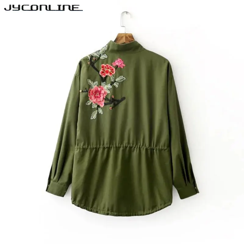 JYConline 2017 Basic Jacket Coat Women Army Green Floral Embroidery Bomber Jacket Patches Rivet Zipper Punk Women Jacket Outwear