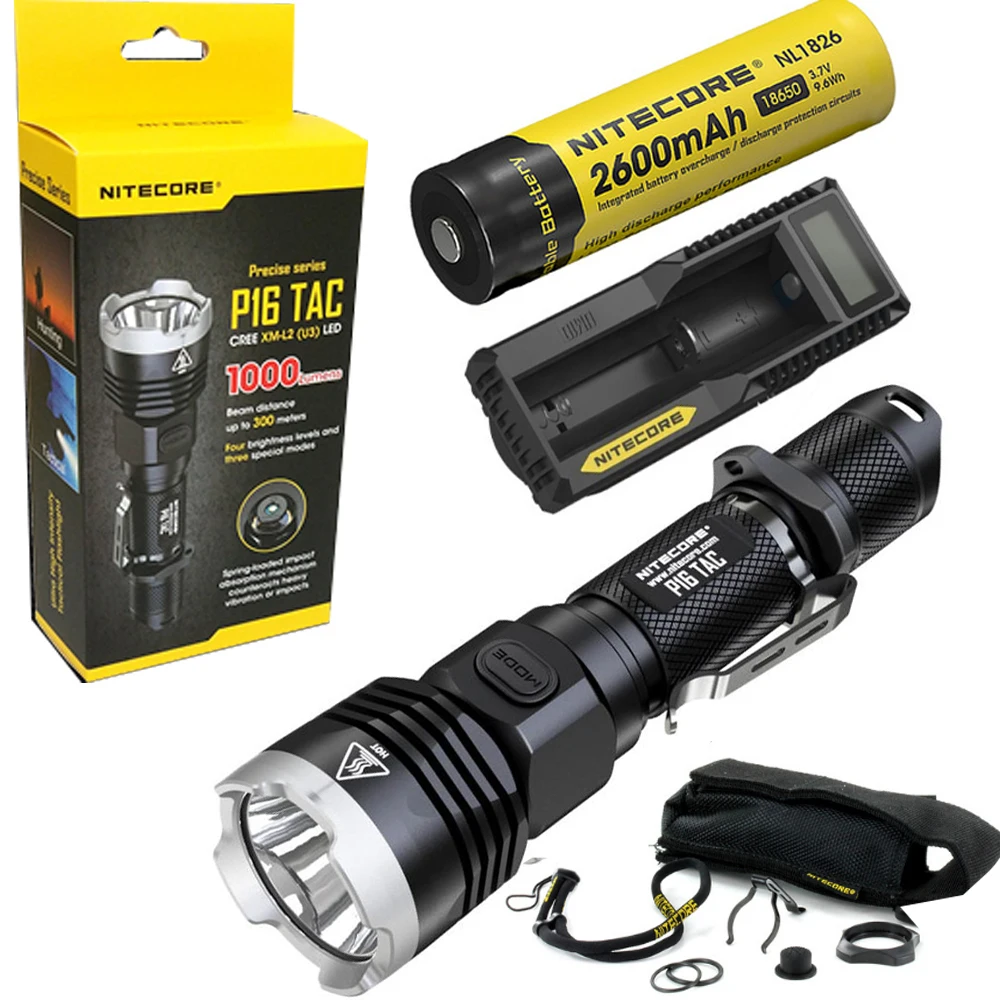 

Nitecore P16 TAC 1000 Lumens CREE XM-L2 U3 LED Tactical Flashlight Hunting Search Torchs with 2600mAh battery and um10 charger