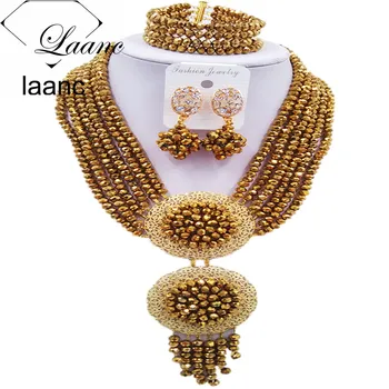

Laanc Fashionable Golden Color Crystal Jewelry Set Nigerian Beads African Wedding Beads Bridal Necklace and Earrings 6PHLS028