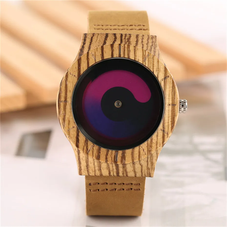 Creative Gradual Color Turntable Handmade Genuine Leather Band Strap Nature Wood Swirl Dial Quartz Wrist Watch Male Sports Clock (21)