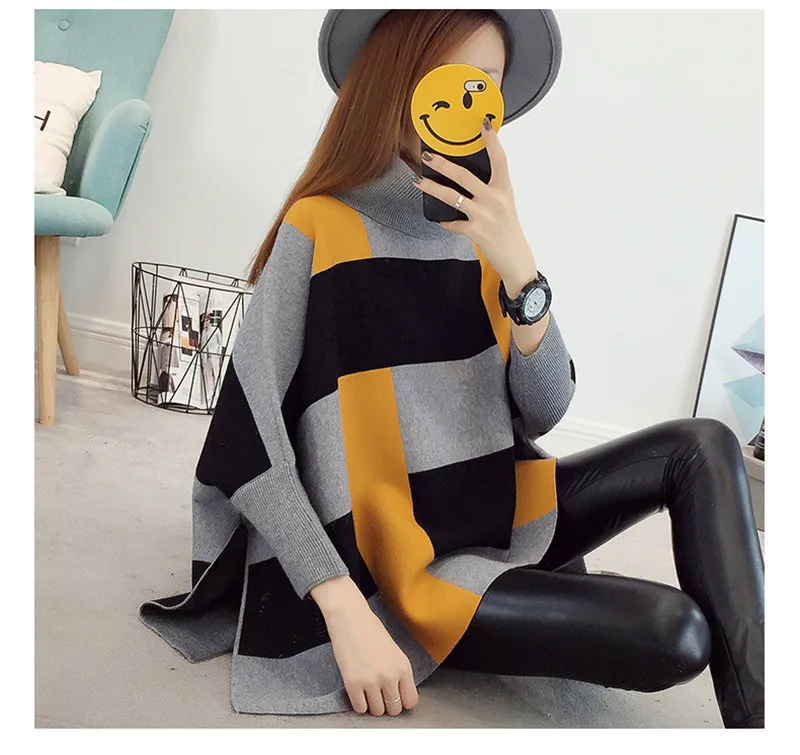 Korobov Plaid Panelled Turtleneck Capes Women Sweater Batwing Sleeve Loose Sueter Mujer Ponchos Autumn New Pullovers 51251