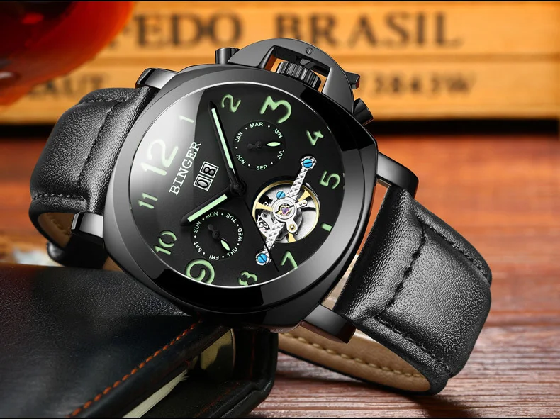 Натуральная Швейцария бренд BINGER для мужчин кожаный ремешок светящийся Водонепроницаемый Спортивный Календарь военные часы большой циферблат хронограф