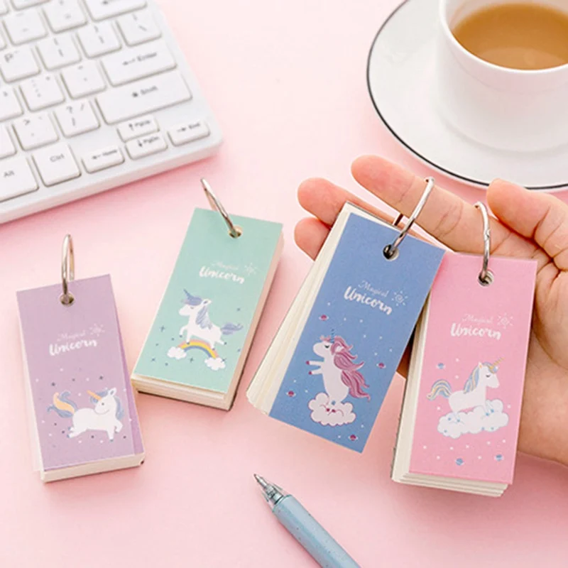 

Cartoon Rainbow Unicorn Notebook Ring Buckle Blank Word Book Card Tearable Notepads Stationery Cute Memo Pad Random Color