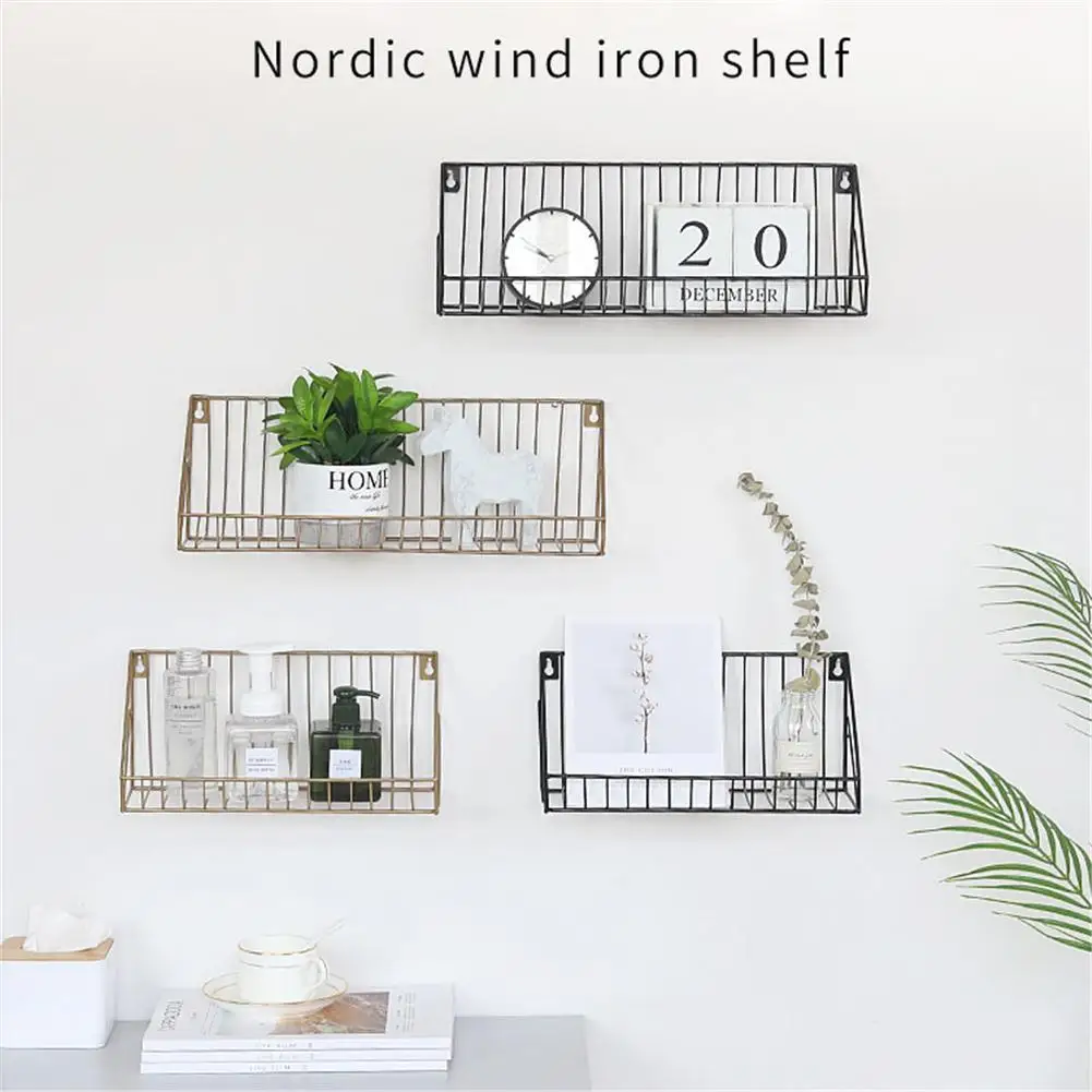 

Nordic Iron Art Grid Wall Hanging Shelf Creative Househld Wall Storage Rack with Hooks Door Key Holder No Trace Nails To Install