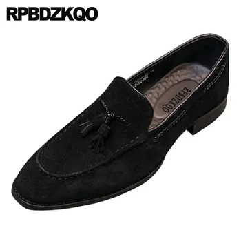 

European Designer 2019 Real Leather Comfort High Quality Black Suede Men Shoes Brand Casual Loafers Boat Party Tan Italy Tassel