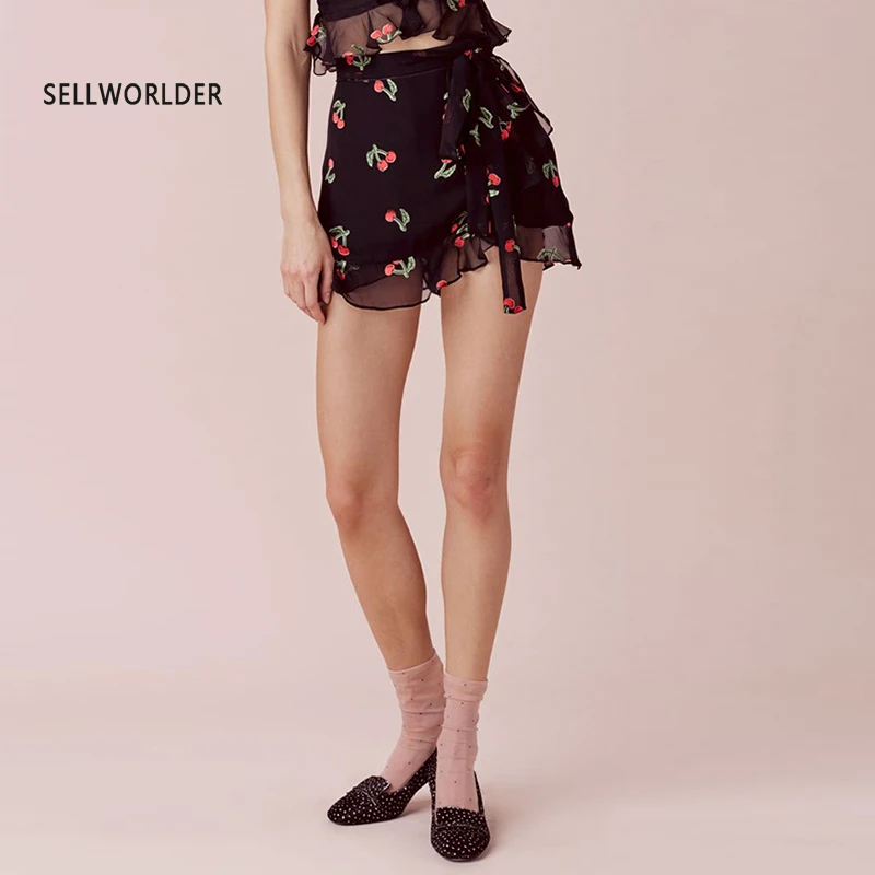 

Cherry Printed Chiffon Flounced Shorts Black Bow Tie Waist Pants Short Pants Sweets Warm Wrap For Female