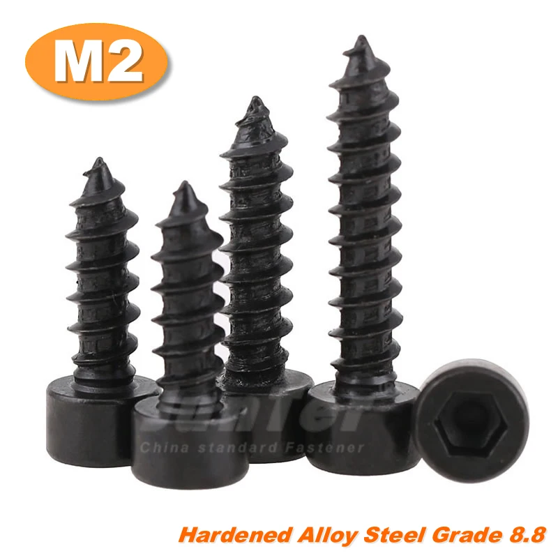 

100pcs/lot M2 (2mm) Hardened Alloy Steel Grade 8.8 Hex Socket Head Cap Self-Tapping Screws