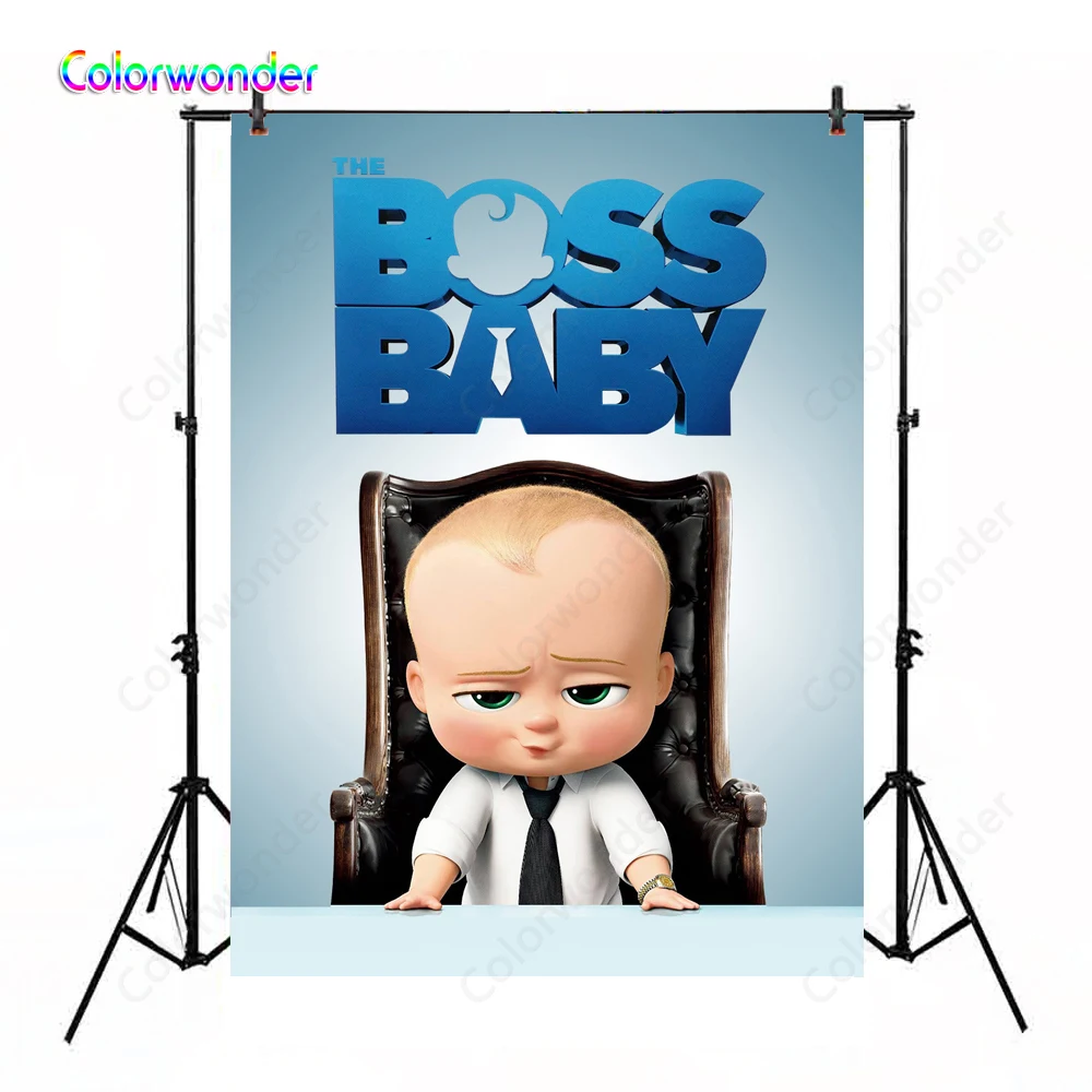 

Photography Background Boss Baby with Golden Watch Sitting on the Leather Chair Blue Coustom Backdrops for Kids Birthday Decor
