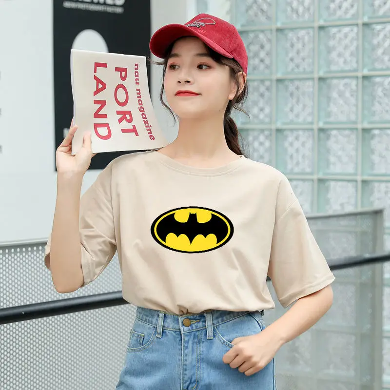 Летние новые женские повседневные футболки с коротким рукавом из хлопка Harajuku Kawaii Batman с принтом из мультфильма Топы уличная футболки tumblr рубашка Femme - Цвет: Apricot