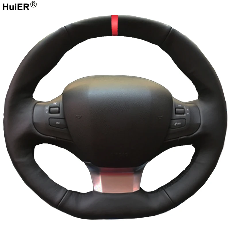

HuiER Hand Sew Car Steering Wheel Cover Red Marker For Peugeot 308 2016 2017 Breathable Car Styling Interior Accessories Parts
