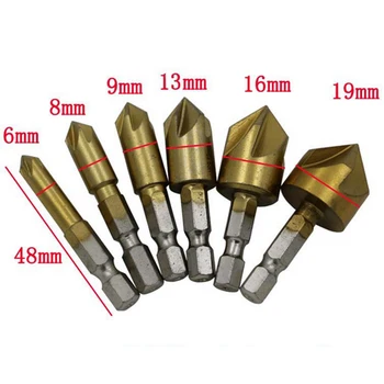 

6PCS 5 Flute Chamfer Countersink 1/4" Hex Shank HSS 90 Degree Wood Chamfering Cutter Chamfer 6mm-19mm Countersink Drill Bit