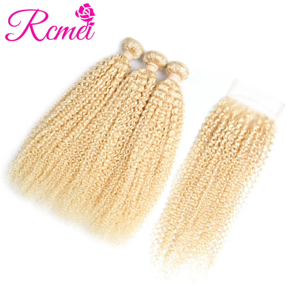 613 Blonde Color Human Hair Extension Peruvian Kinky Curly Hair Bundles With Closure 4 Bundle Deal 613 Curly Hair Weaving Rcmei