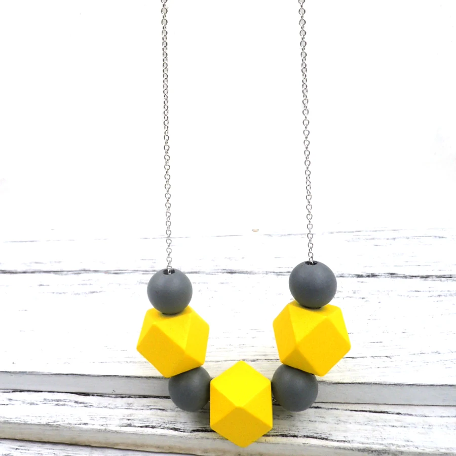 

wood geometric necklace painted Chunky ball Faceted Wooden Beads ball chunky On leather cord yellow grey statement NW092
