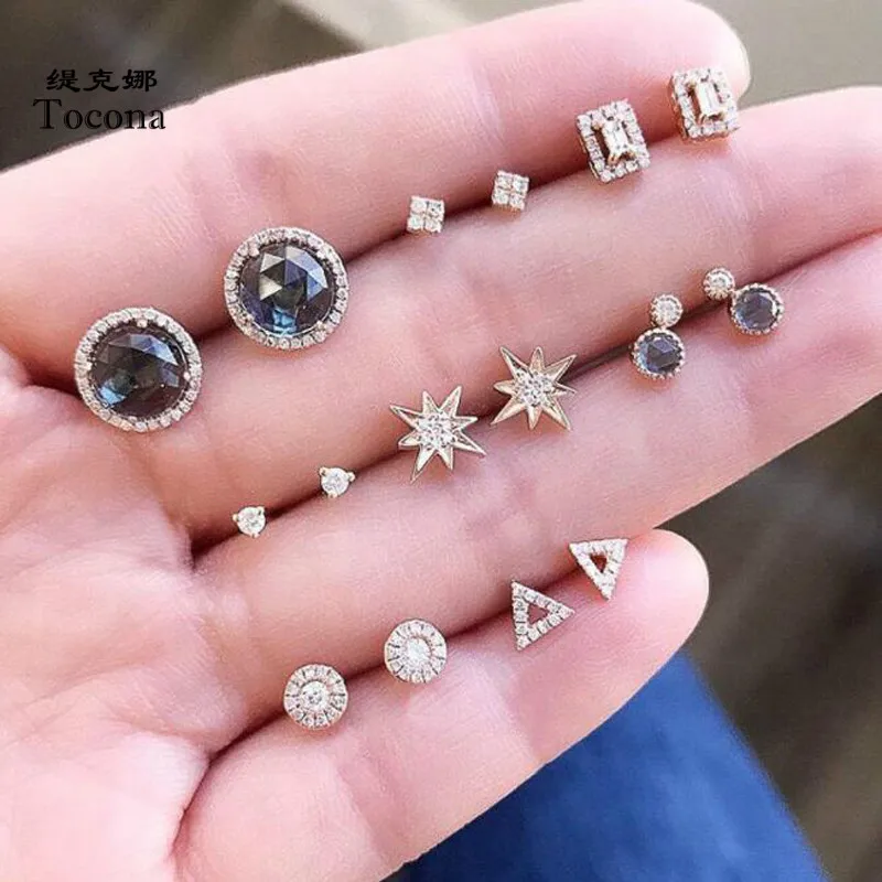 

Tocona New Arrival Variety Style Stud Earring Clear Crystal Gold Color Round Star Geometric Design Jewelry For Women Ladies 6996