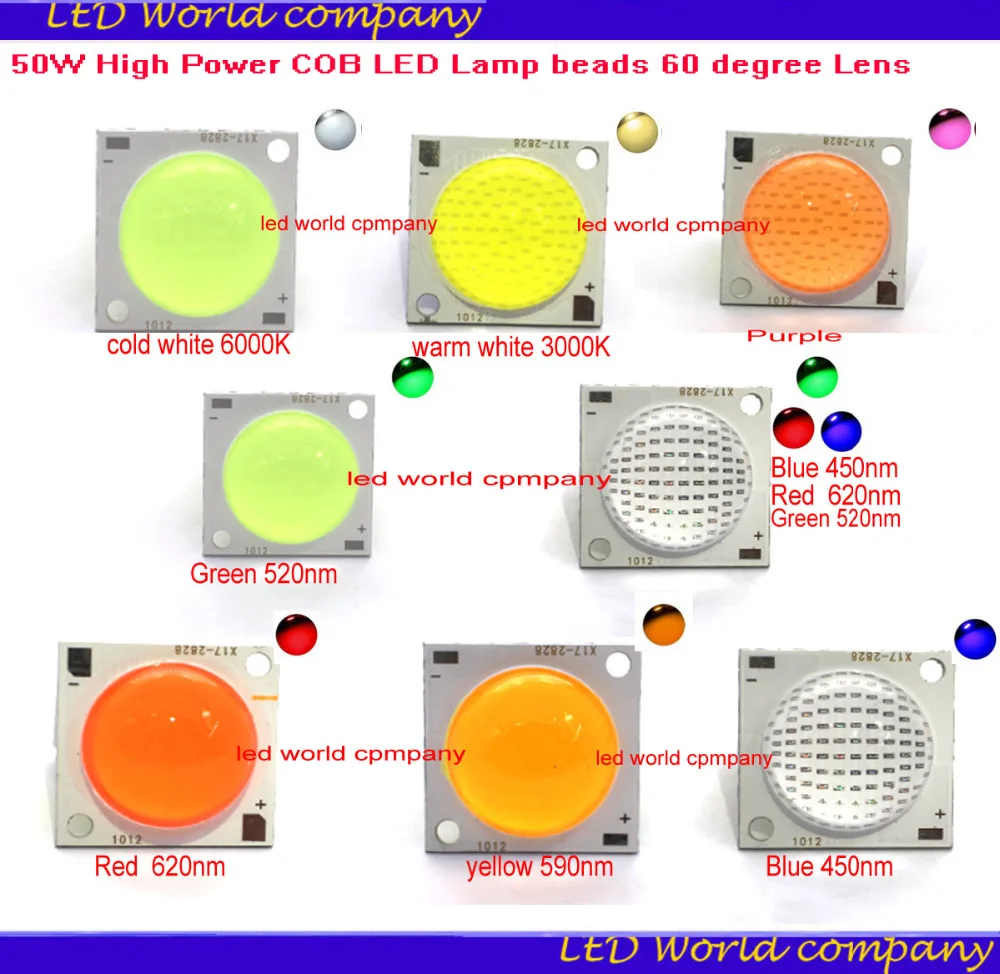 50 Вт высокомощный COB светодиодный 30-32VDC ламповый бисер теплый белый/красный/зеленый/синий/фиолетовый/RGB с объективом 60 градусов