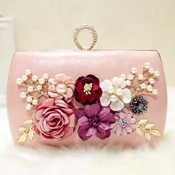 

2018 Women Diamond Flower Evening Bag Finger Ring Wristlets Wedding Party Bridal Clutch Purse Chain Shoulder Bag Pink Banquet