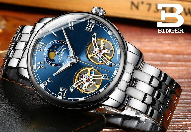 Double tourbillon Luxury Men watch Automatic mechanical Watch BINGER Famous Brand Watch Gold Case Blue Dial Double relogio