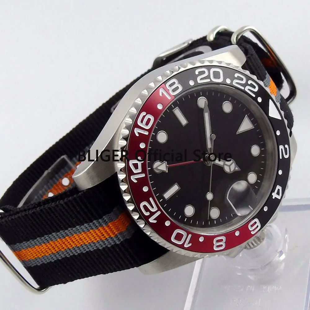 

Causal BLIGER 40mm Men's Watch Nologo Dial Black Red Rotating Bezel GMT Function Date Magnifier Automatic Movement Wristwatch