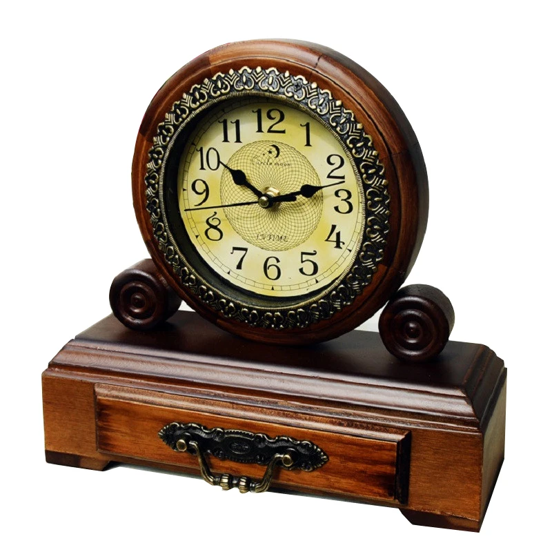 Classical Vintage Chinese Style wooden Mute Desktop Clock With Drawer
