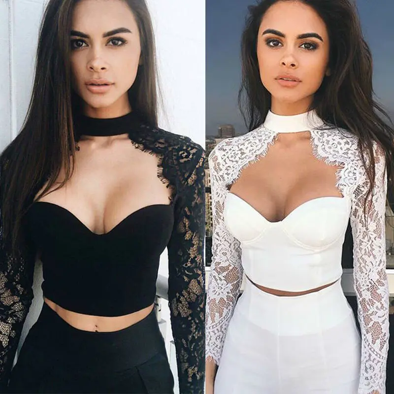 

2018 New Fashion Sexy Women See through Lace Mesh Sheer Long Sleeve Crop Top Shirt Blouse CH