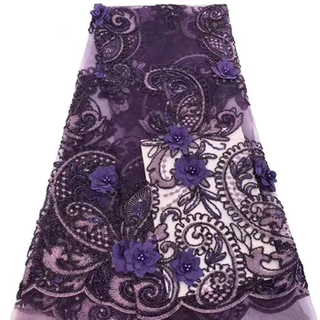 

2019 French Lace Fabric Wedding 3 D Applique Beads African Tulle Lace Fabric Purple 3D Flowers Embroidered Tulle Lace fabric