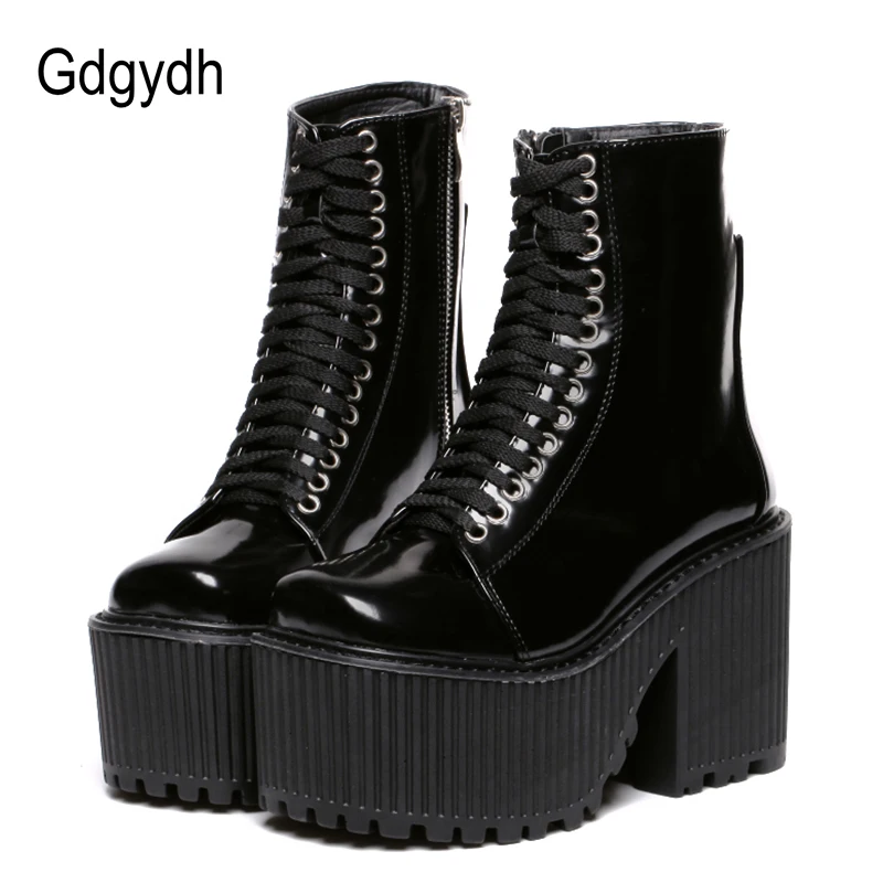 Vente Gdgydh Mode Cheville Bottes Pour Femmes Plate Forme Chaussures Punk Gothique Style Semelle En Caoutchouc à Lacets Noir Printemps Automne Chunky Bottes femme