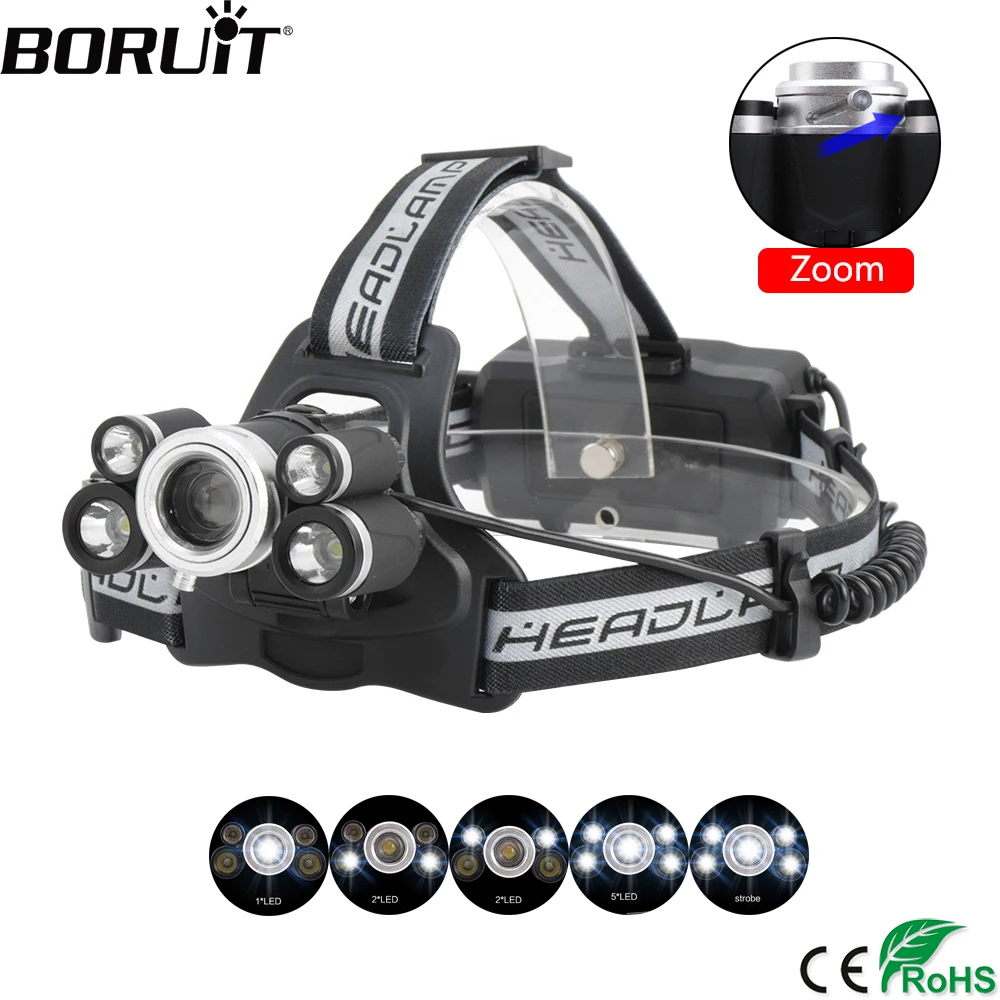 

BORUiT 20000 Lumen 5-Mode Headamp 3*XML-T6+2*R2 LED Zoom Headlight Rechargeable Torch Outdoor Flashlight by 18650 Battery