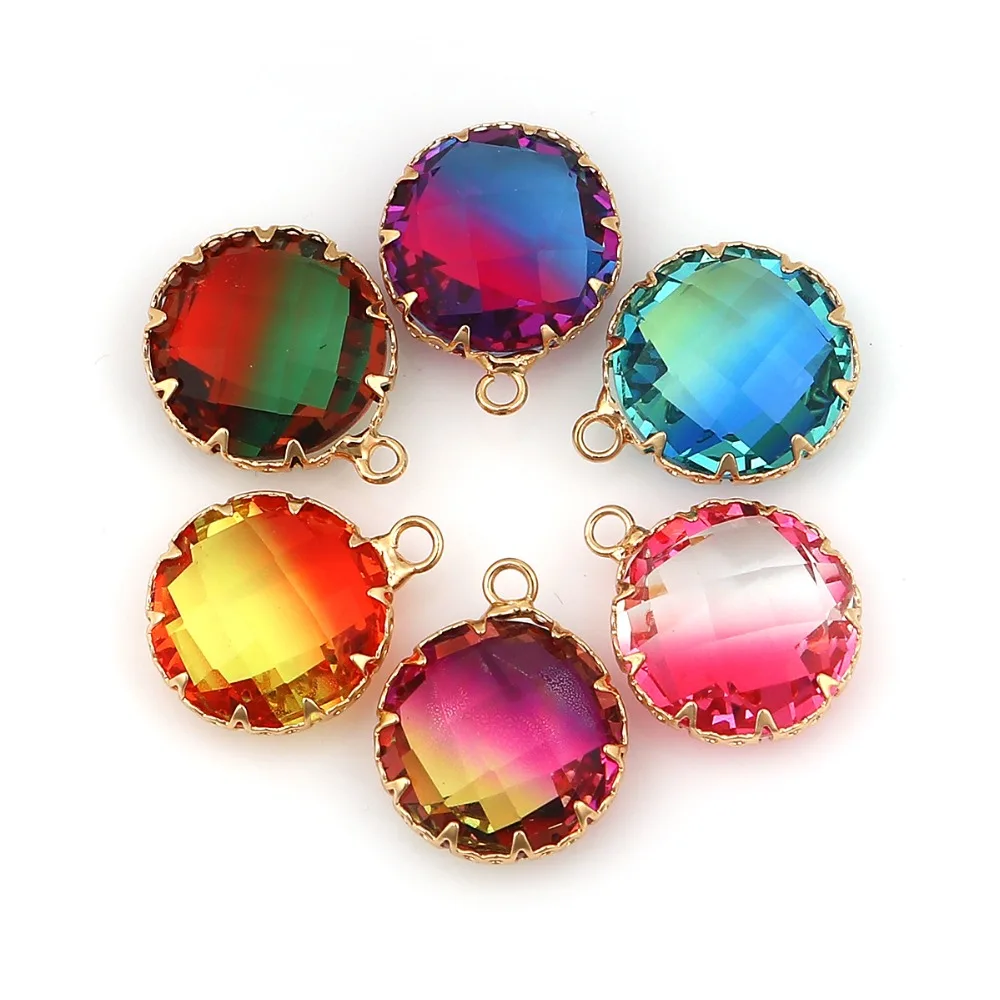 

DoreenBeads Copper & Glass Pendant Round Gold Setting Fuchsia & Yellow Colorful Faceted Romantic Charms 21mm x 17mm, 3 PCs