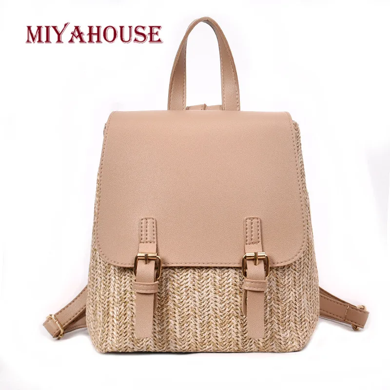 Miyahouse, высокое качество, соломенный ткацкий рюкзак для женщин, искусственная кожа, дорожные рюкзаки для девочек-подростков, свежая натуральная школьная сумка