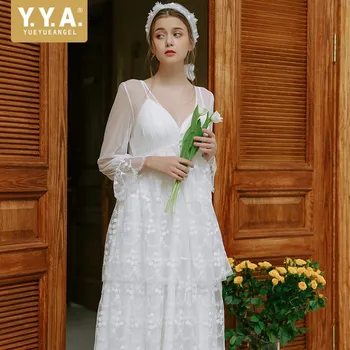 

Top Quality New Brand Princess Style Mesh Lace See Through Sexy Women Homewear Shawl Strap Two Pieces V-Neck Female Nightdress