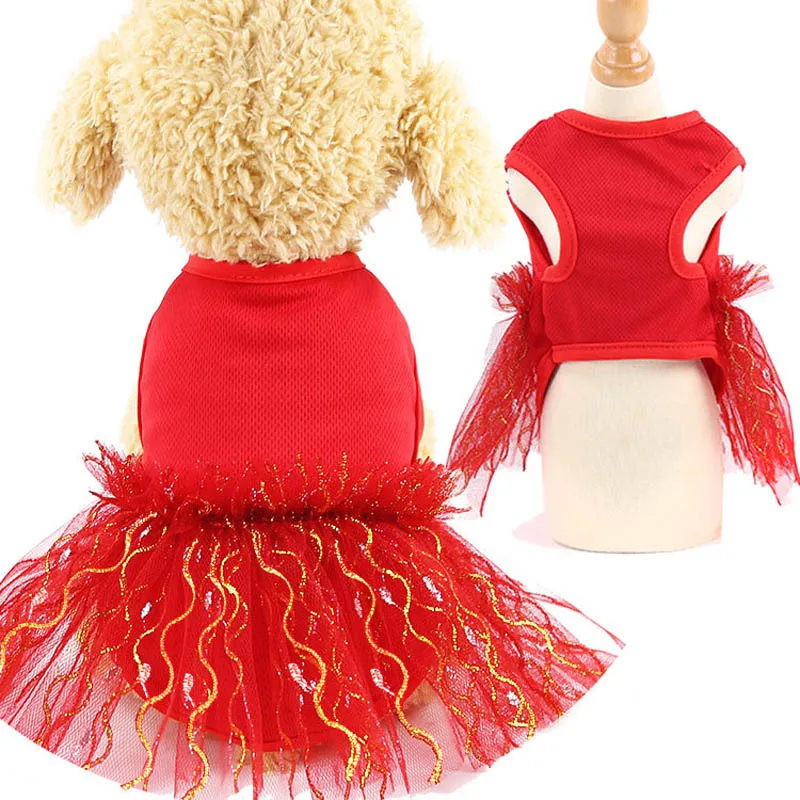 Милый лук собака платье юбка-пачка Лето Щенок одежда принцесса собака свадебное платье XS-XXL - Цвет: Red Gold Mesh