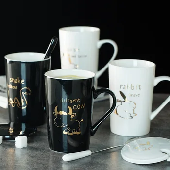 

12 Chinese Zodiac Ceramic Cup 450ml Porcelain Animal Coffee Mugs with Spoon Lid Office Milk Cups Tumbler Birthdays Gift