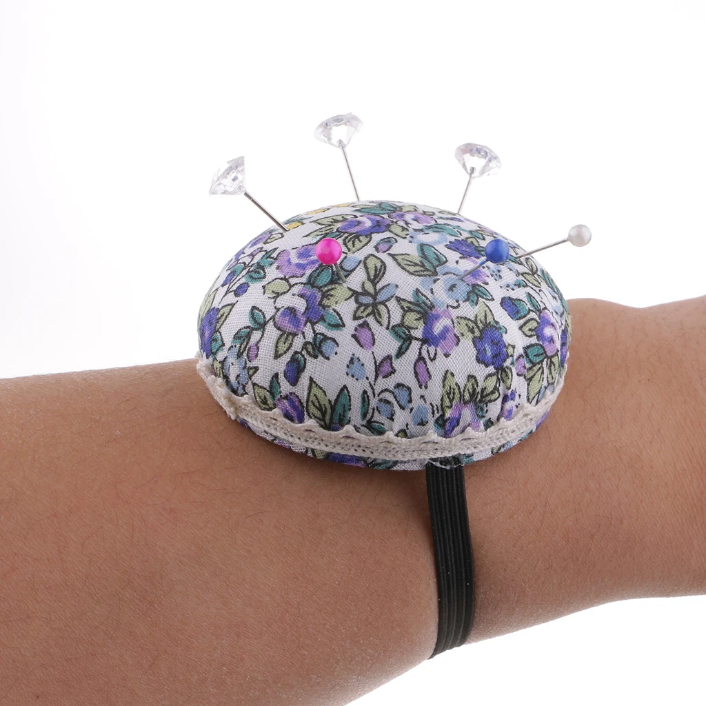 Ball Shape Sewing Pin Cushion Printed Flower Patterns Wrist Wearable Pincushion for Cross Stitch Quilting Needlework Sewing Tool