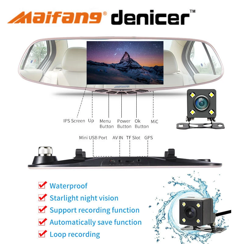 5 "Двойная камера зеркало заднего вида FHD 1080P 30Fps 170 градусов Dash G сенсор