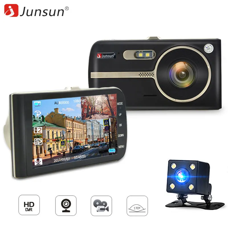 Junsun SD410 Автомобильные видеорегистраторы Камера 4 &quotДвойной объектив 1080 P видео