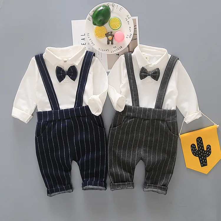 

DapChild Brand Flower Boys Suits White T-shirt + Striped Strap Pants Toddler Weeding Party Wear Kids Clothes Set Gentleman Suits