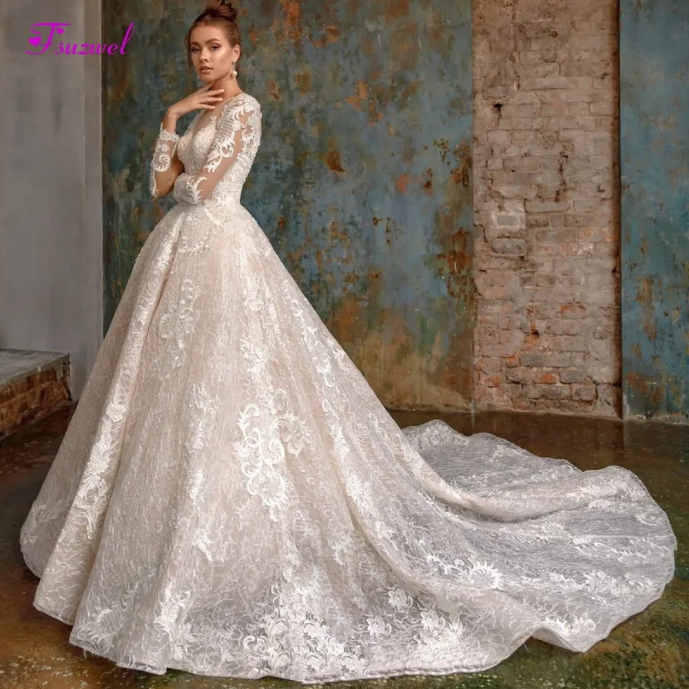 

Fsuzwel New Design Luxury Beaded Scoop Neck A-Line Wedding Dress 2019 Vintage Long Sleeve Appliques Lace Chapel Train Bride Gown