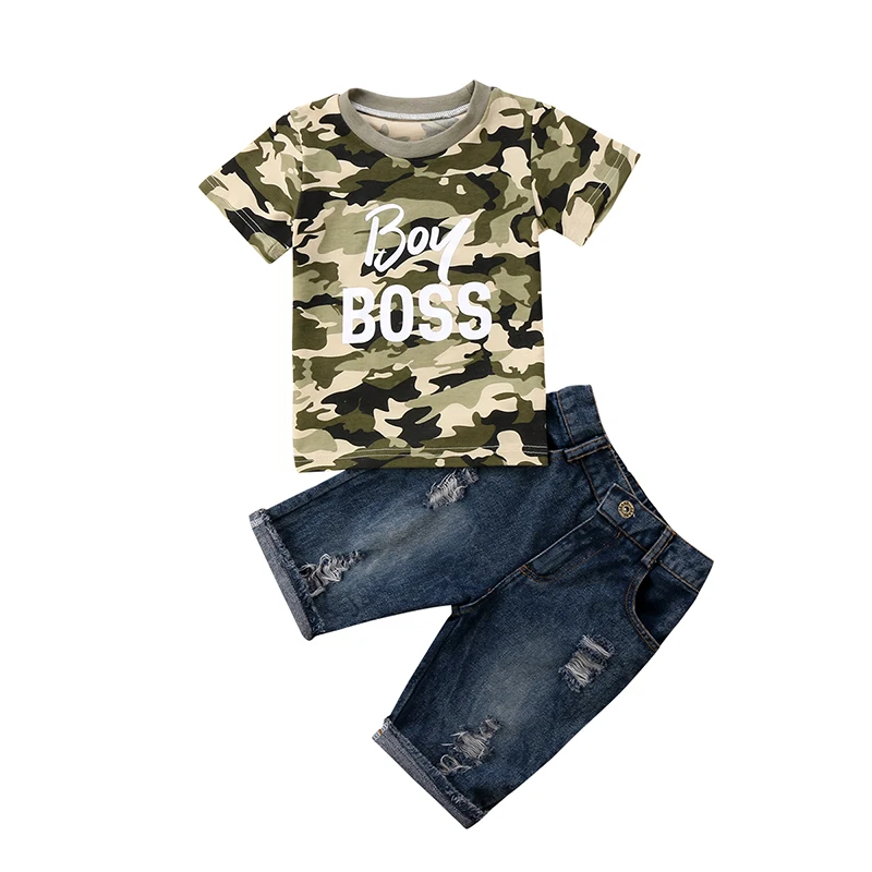 

2018 Summer Fashion Toddler Kids Boy Clothes Boy Boss Short Sleeve Camouflage T-shirt+Ripped Denim Shorts Jean 2PCS Clothing Set