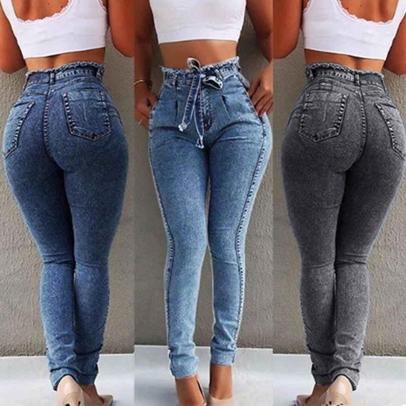 Весенне-осенние джинсы с высокой талией женские повседневные длинные узкие брюки женские модные тонкие однотонные брюки на шнурке