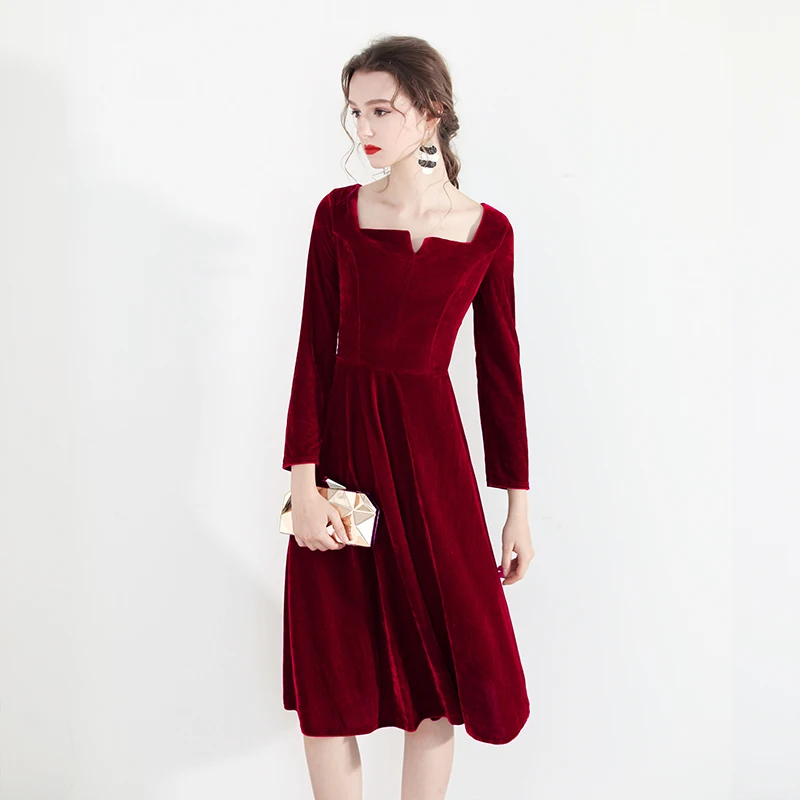 Торжественное платье новое элегантное вечернее платье с длинным рукавом Вечерние платья Короткие Выпускные платья винно-Красного цвета