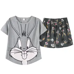 QWEEK женские пижамы из хлопка женские серые кролики женский костюм топы + шорты женские пижамы повседневные два предмета Домашняя одежда