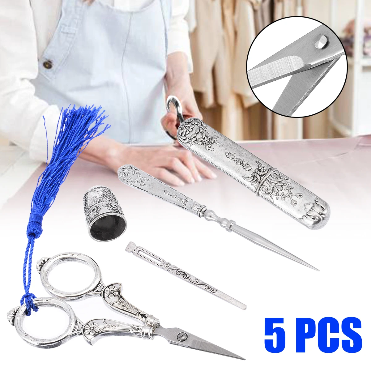 1 Set European Vintage Sewing Kit Scissors Silver Embroidery Sewing Scissors Thimble Needle Case DIY Sewing Tools
