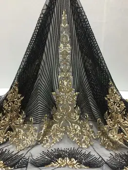 

5yards/lot 2019 High quality nigerian french net lace african black gold Sequins lace fabric for party dress free shipping