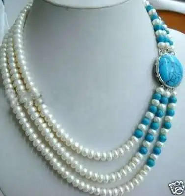 New Fashion Jewelry 3rows 7-8mm White Freshwater Pearl &amp Turquoise clasp pendant necklace free shipping | Украшения и