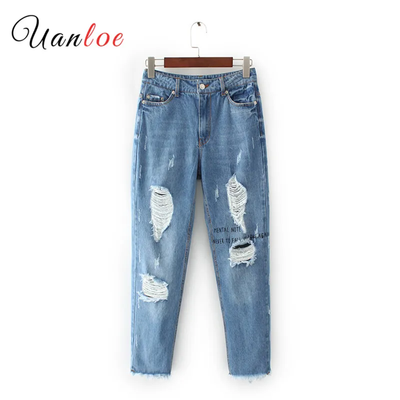 2018 Spring Women Ripped Hole Letter Printing Washed Denim Pants Female Fashion Mid Waist Street Wear Loose Ankle-length Jeans