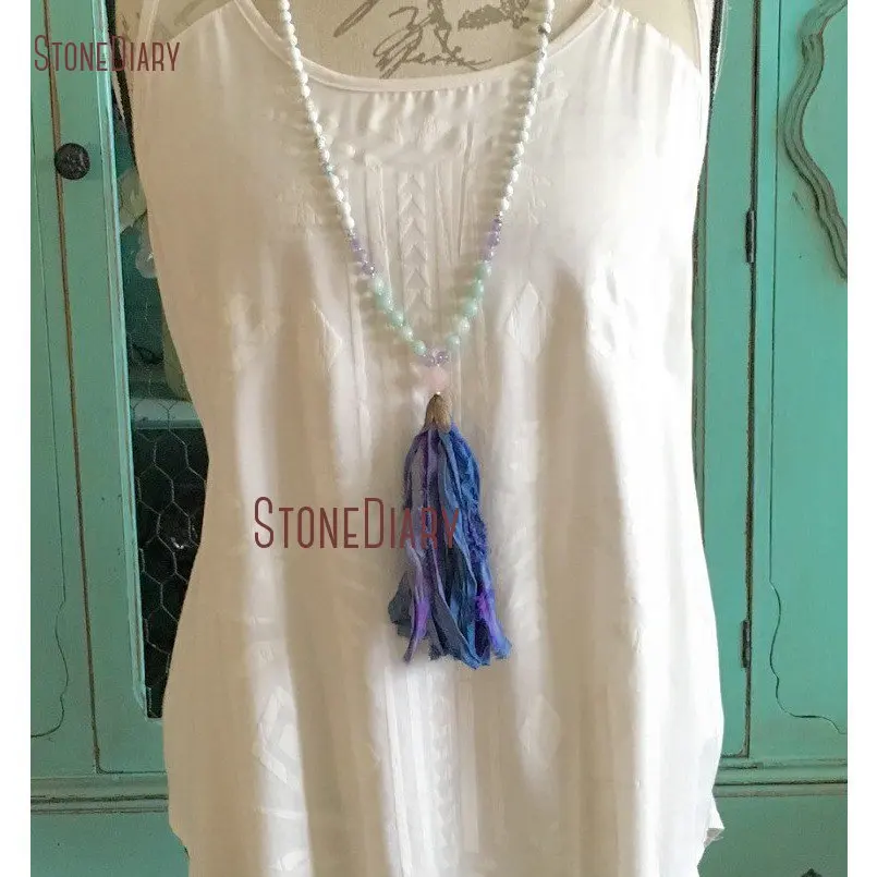 20180313-NM11111-Gemstone Mala Necklace Sari Silk Tassel 108 Mala Necklace Mala Beads Boho Tassel Amethyst and Amazonite Hand Knotted Yoga Jewelry Lotus_1