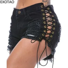 EXOTAO Summer Solid Lacing Women Denim Shorts New Hole Short Feminino Slim Sexy Bandage Jeans Shorts Female Ripped Short Pants